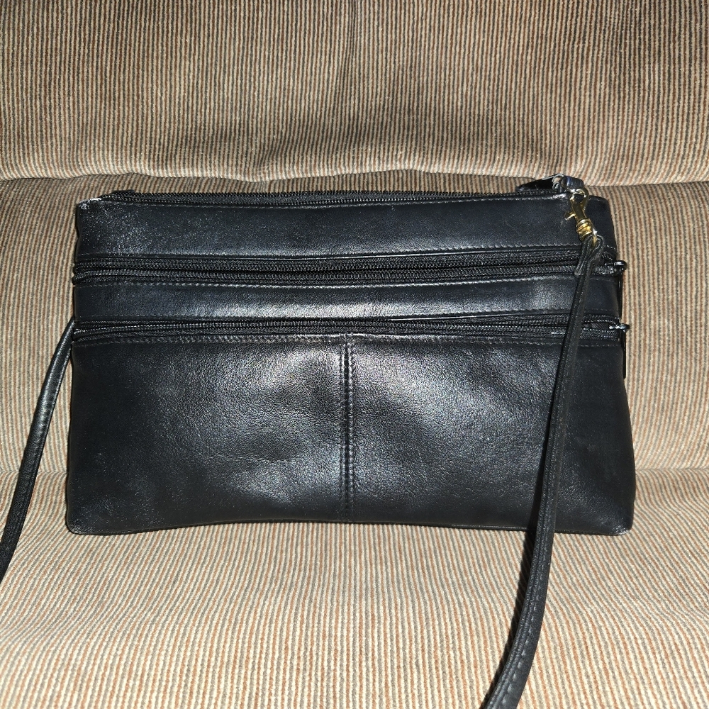 Black Leather Convertible Clutch with Zipper Detail